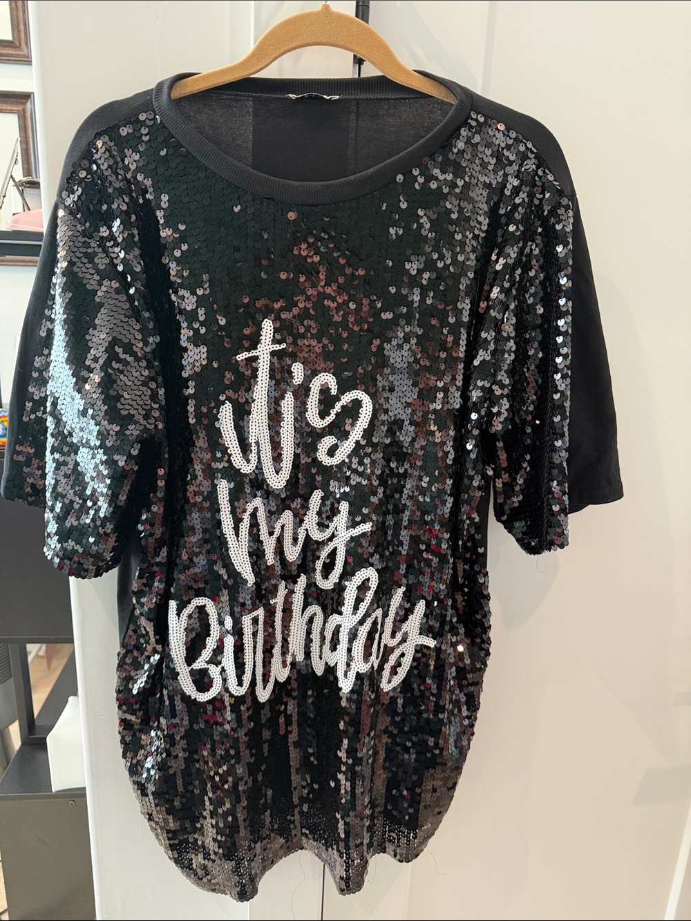 Sequin 'It's My Birthday' Top/Dress- Black with White Script OS